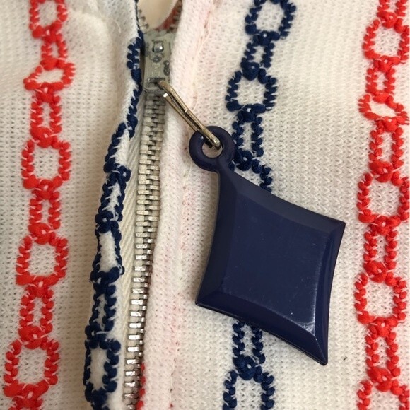 Vintage 70s White Double Knit Orange Blue Chain Stitch Zip Up Top Womens Medium - Picture 5 of 14